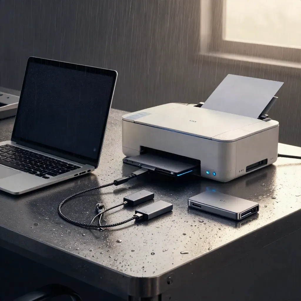 Half-open laptop, printer, dock, adapter, cable and SSD on a misty rain-sheened workbench.