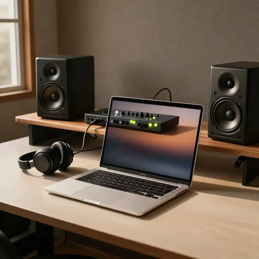 Silver laptop and audio interface waking beside headphones and speakers in a dim studio