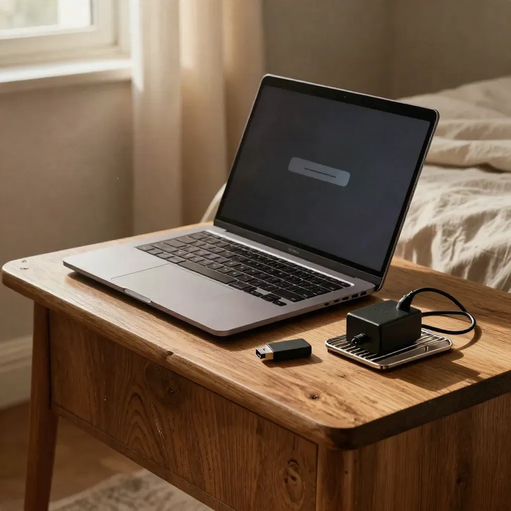 Half-open laptop with recovery USB and charger brick on a bedside table in warm light.