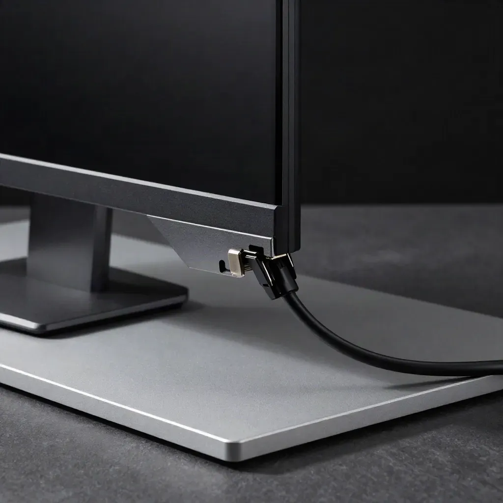 Monitor corner, GPU backplate and display cable in a tense service layout with haze and dark void.