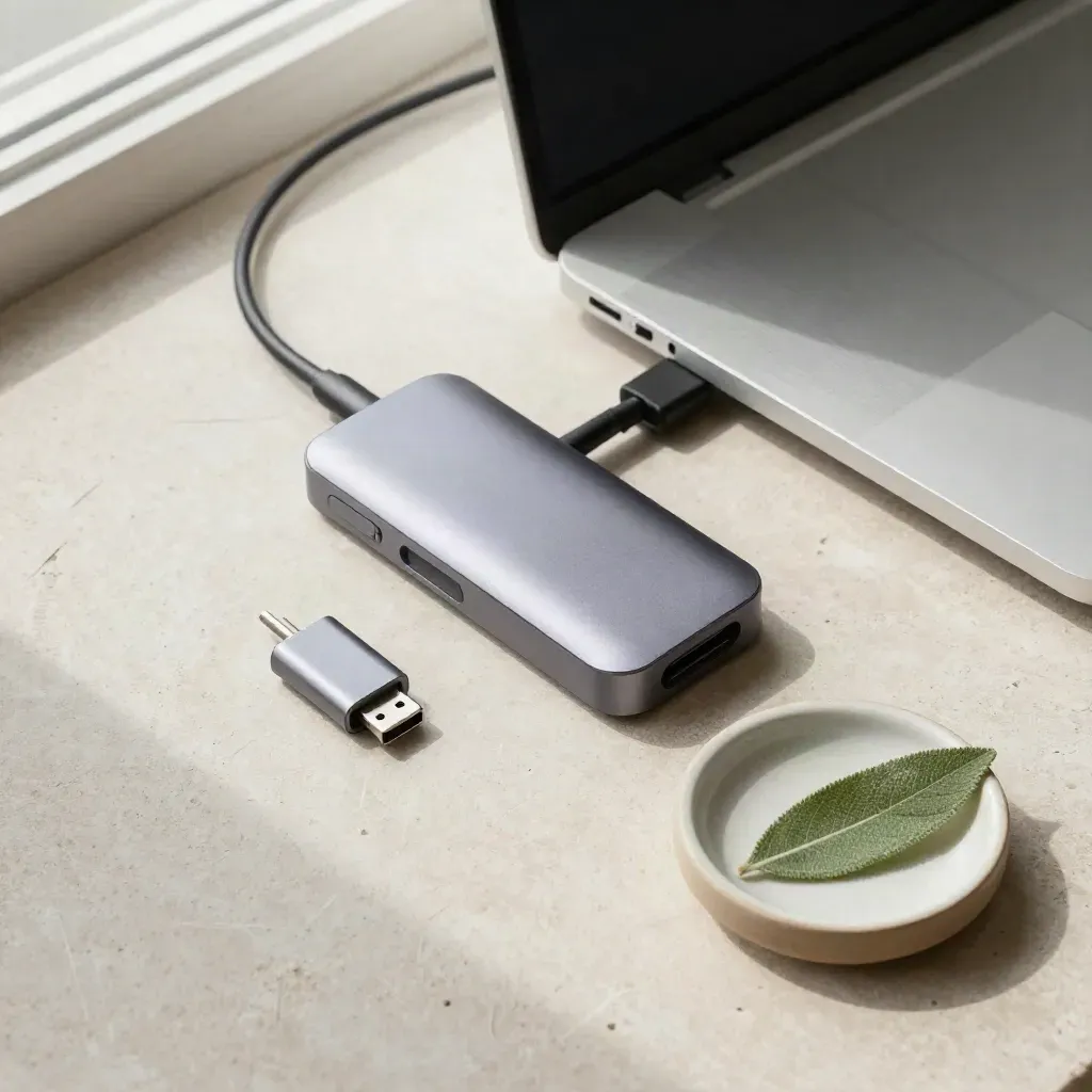 Top-down still life of a laptop corner, USB hub, adapter tip, dish, and leaf on stone.