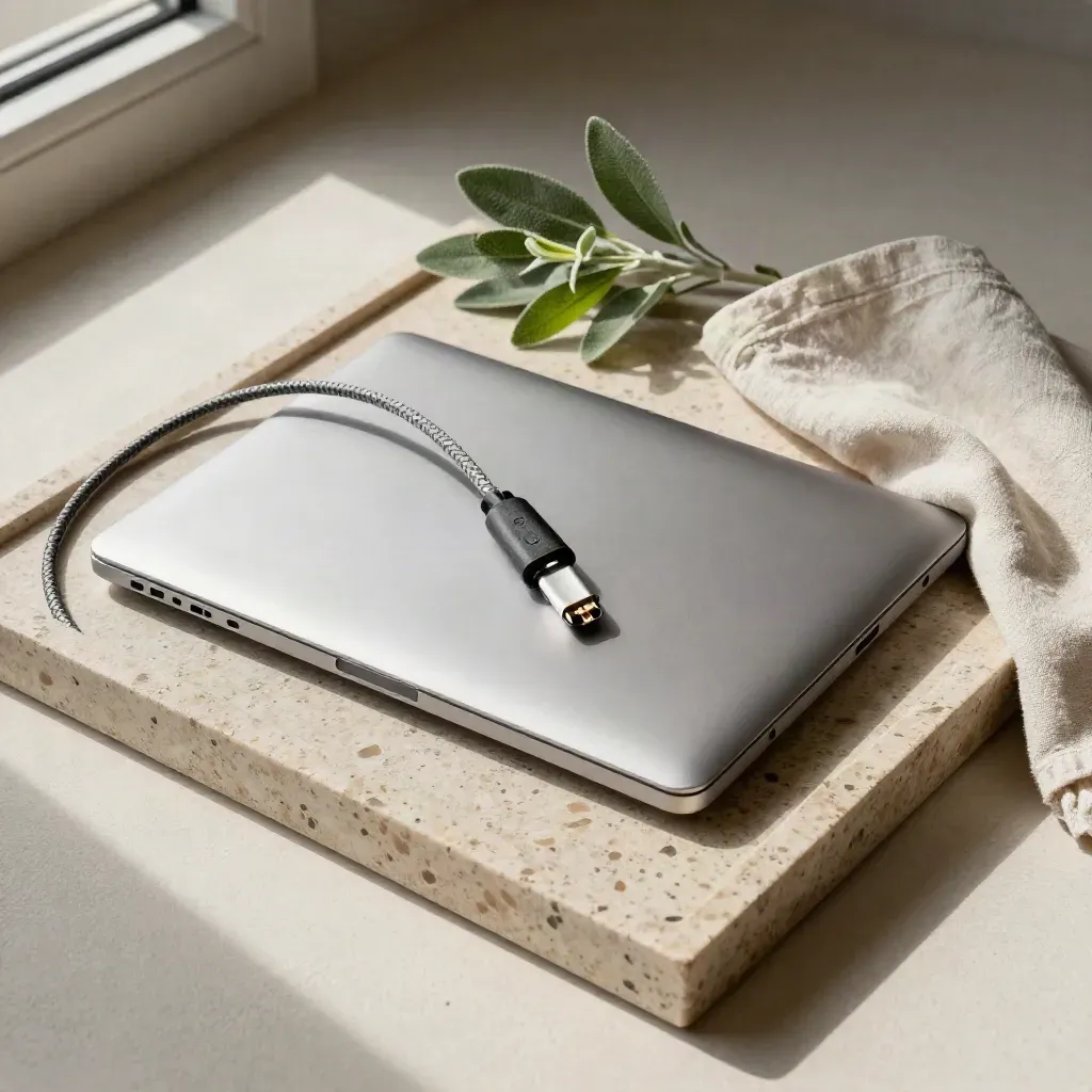 Aluminum laptop, braided cable, linen cloth and small plant arranged on a stone tray.